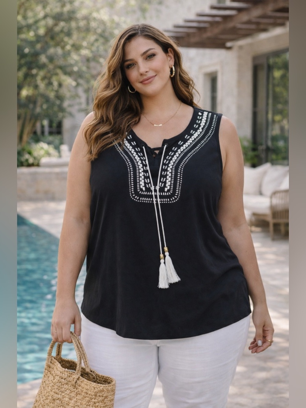 🔥NWOT Kim Rogers Black Embroidered Sleeveless Tunic | Boho Resort Top